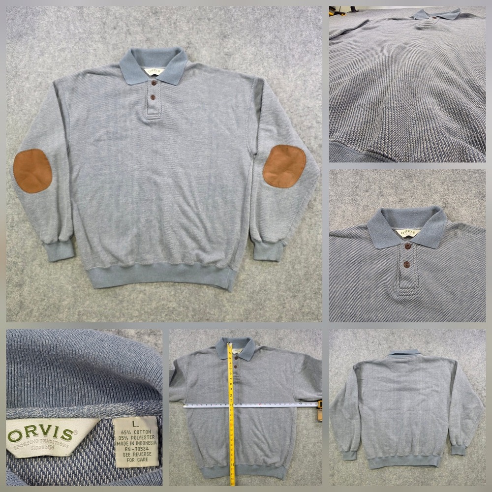 Orvis Sweater‎ Mens Large Gray Herringbone Polo Collar Elbow Patch Pullover